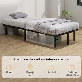 HOMCOM Cadru de Pat Industrial cu 28 de Lamele și Spațiu de Depozitare, din Lemn și Oțel, 190x90x31 cm, Negru și Lemn | Aosom Romania