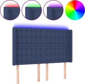 vidaXL Tăblie de pat cu LED, albastru, 147x16x118/128 cm, textil