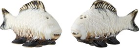 Set solniță și piperniță din ceramică albă, în formă de pești, „Chase", 8,5 x 4 x 4,5 cm