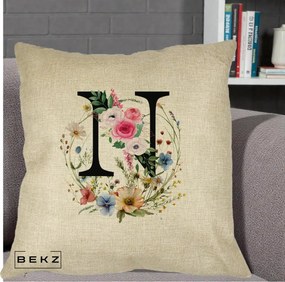 Cadou Personalizat - Perna Personalizata Monogram Litera N cu Flori Acuarela, 40x40 cm, Crem, Husa Detasabila, Perna Inclusa, BEKZ®