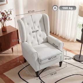 HOMCOM Scaun Decorativ Capitonat cu Spatar Inalt, Cotiere Rotunjite Captusite și Sezut cu Captuseala Groasa, Alb Crem | Aosom Romania