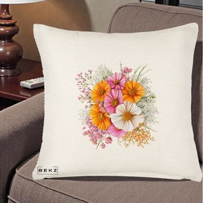 Perna Decorativa Buchet Cosmos Portocaliu Roz si Alb, 40x40 cm, Crem Reliefat, Husa Detasabila, Perna Inclusa, BEKZ®