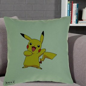 Perna Personalizata Pikachu Fericit, 40x40 cm, Verde, Husa Detasabila, Perna Inclusa, BEKZ®