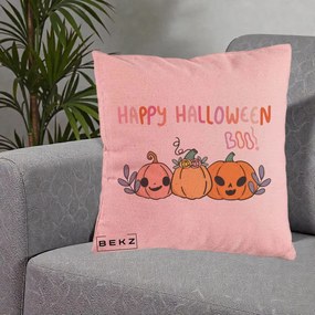 Perna Decorativa Happy Halloween Boo Trei Dovlecei Kawaii, 40x40 cm, Roz, Husa Detasabila, Perna Inclusa, BEKZ®
