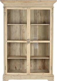 Vitrină rustică din lemn reciclat, natur, cu 2 uși vitrate, 3 rafturi și console sculptate, finisaj natural, 209 x 130 x 55 cm, „Pastel”