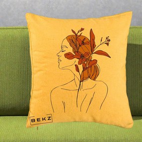 Perna Decorativa Portret Feminin Crin Ruginiu Auriu, 40x40 cm, Galben, Husa Detasabila, Perna Inclusa, BEKZ®