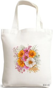 Sacosa de Panza pentru Cumparaturi, Geanta Tote, model Flowers 16 38 x 34.5 cm, Alba, BEKZ®