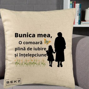 Cadou pentru Bunica - Perna Personalizata Bunica Mea Comoara Iubire Intelepciune Varianta Extinsa, 40x40 cm, Bej, Husa Detasabila, Perna Inclusa, BEKZ®