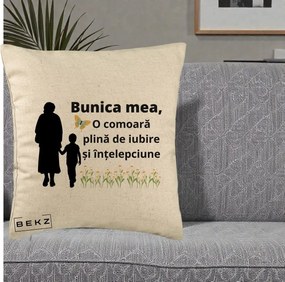 Cadou pentru Bunica - Perna Personalizata Bunica Mea Comoara cu Fluture si Baietel, 40x40 cm, Bej, Husa Detasabila, Perna Inclusa, BEKZ®