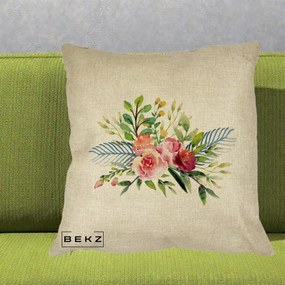 Perna Decorativa Buchet Flori Acuarela Roz-Verde, 40x40 cm, Crem, Husa Detasabila, Perna Inclusa, BEKZ®