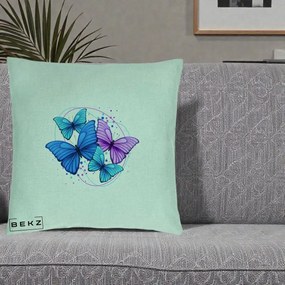 Perna Decorativa Patru Fluturi Turcoaz-Violet, 40x40 cm, Verde Menta, Husa Detasabila, Perna Inclusa, BEKZ®
