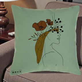Perna Decorativa Portret Feminin Maci Rosii Auriu, 40x40 cm, Verde, Husa Detasabila, Perna Inclusa, BEKZ®