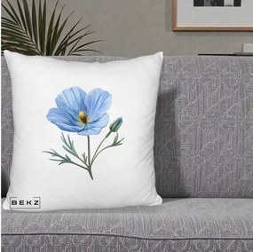 Perna Decorativa Mac Albastru Acuarela, 40x40 cm, Alb Pufos, Husa Detasabila, Perna Inclusa, BEKZ®