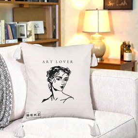 Perna Decorativa Art Lover Portret Grafic, 40x40 cm, Bej cu Franjuri, Husa Detasabila, Perna Inclusa, BEKZ®