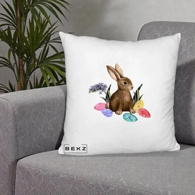 Perna Decorativa Iepuras cu Oua de Pasti Acuarela, 40x40 cm, Alb Pufos, Husa Detasabila, Perna Inclusa, BEKZ®