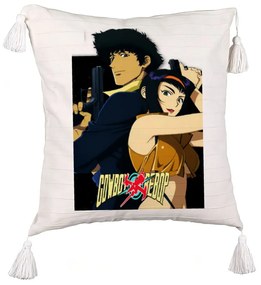 Perna Decorativa cu Franjuri cu Cowboy Bebop, 45x45 cm, Ecru, Cu fermoar