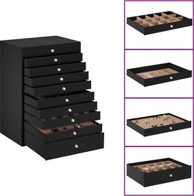vidaXL Cutie de bijuterii cu 10 straturi și suporturi pentru ceasuri, neagră, 29x20,5x40,5 cm