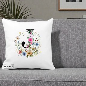 Cadou Personalizat - Perna Personalizata Monogram Litera J cu Flori Acuarela, 40x40 cm, Alba Mata, Husa Detasabila, Perna Inclusa, BEKZ®