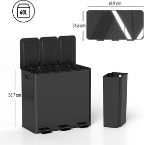 HOMCOM Coș de Gunoi cu 3 Secțiuni de 20L cu Pedală și 2 Capace cu Închidere Silențioasă, Coș de Gunoi din Oțel Inoxidabil și PP, 61.9x36.6x56.7 cm, Negru | Aosom Romania