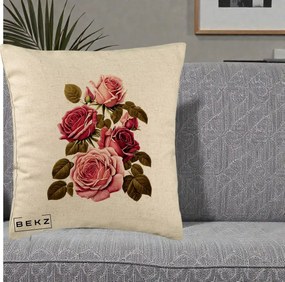 Perna Decorativa Trandafiri Vintage Roz-Rosii, 40x40 cm, Bej, Husa Detasabila, Perna Inclusa, BEKZ®