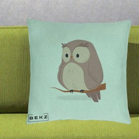 Perna Decorativa Bufnita Kawaii pe Creanga, 40x40 cm, Verde Menta, Husa Detasabila, Perna Inclusa, BEKZ®