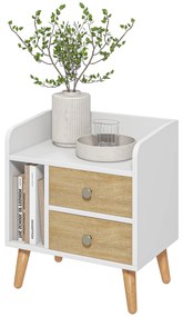 HOMCOM Noptieră cu 2 sertare mari, 1 raft deschis și picioare înalte din pin, design nordic, 43x30x49 cm | Aosom Romania