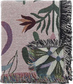 Pătură din bumbac reciclat, roz, cu model botanic și franjuri multicolore, „Yash", 160 x 130 cm