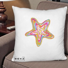 Perna Decorativa Stea de Mare Neon Curcubeu, 40x40 cm, Alb Pufos, Husa Detasabila, Perna Inclusa, BEKZ®