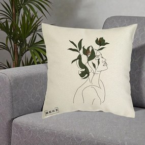 Perna Decorativa Portret Feminin Crin Verde, 40x40 cm, Ecru, Husa Detasabila, Perna Inclusa, BEKZ®