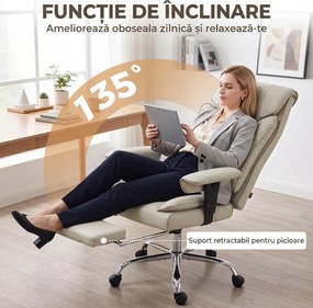 HOMCOM Scaun de Birou Rotativ Rabatabil 135°, Piele Ecologică, Suport pentru Picioare, Cotiere și Înălțime Reglabile, Gri Deschis | Aosom Romania