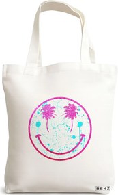Sacosa de Panza pentru Cumparaturi, Geanta Tote, model Beach Smile, 38x34.5 cm, Alba, BEKZ®