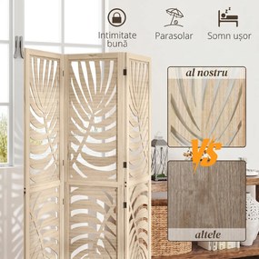 HOMCOM Paravan cu 3 Panouri, Separator Pliabil cu Design Frunze pentru Interior, Finisaj Natural | Aosom Romania