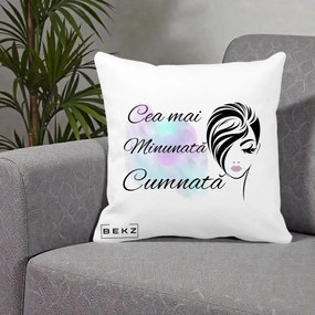 Cadou pentru Cumnata - Perna Personalizata Cea mai Minunata Cumnata cu Silueta Dama si Pete Multicolor, 40x40 cm, Alba Mata, Husa Detasabila, Perna Inclusa, BEKZ®