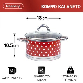 Oală Rosberg R51210I18, 18 cm, 2,6 litri, fund dublu, inducție, oțel inoxidabil / roșu cu puncte albe