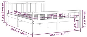 Cadru de pat King Size 5FT, 150x200 cm, gri, lemn masiv Gri, 150 x 200 cm