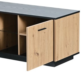 Comodă TV cu O Sertar, Trei Uși și Două Rafturi din Sticlă, Iluminare LED cu 15 Culori Variabile, 180x40x45 cm, Negru+ Natural
