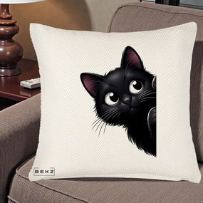 Perna Decorativa Pisica Neagra Dragalasa Curioasa, 40x40 cm, Crem Reliefat, Husa Detasabila, Perna Inclusa, BEKZ®