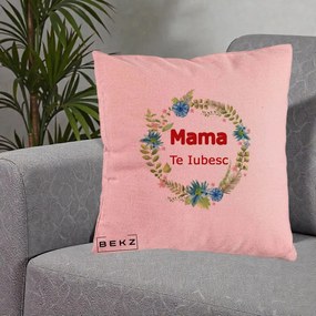 Cadou pentru Mama - Perna Personalizata Mama Te Iubesc Flori Albastre, 40x40 cm, Roz, Husa Detasabila, Perna Inclusa, BEKZ®