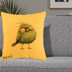 Perna Decorativa Pasare Teal Adormita cu Ochi Galbeni, 40x40 cm, Galben, Husa Detasabila, Perna Inclusa, BEKZ®
