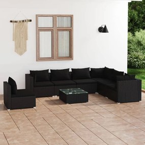 Set mobilier de gradina cu perne, 8 piese, negru, poliratan Negru, 4x mijloc + 3x colt + masa, 1