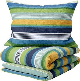 Set de lenjerie de pat creponata LINIE albastra + cearsaf Jersey 90 x 200 cm gri deschis, pat de o persoana