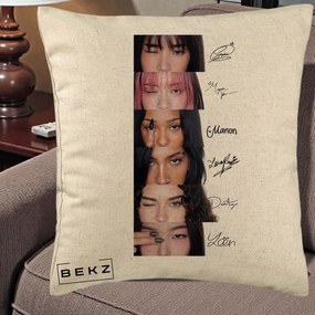 Perna Personalizata K-pop KATSEYE Semnaturi fara Foto, 40x40 cm, Bej, Husa Detasabila, Perna Inclusa, BEKZ®