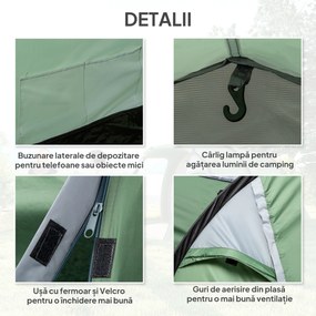 Cort Camping 4 Persoane Outsunny, Impermeabil, Usi cu fermoar 426x206x154cm Verde Inchis | Aosom Romania