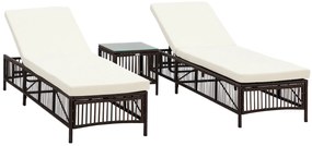 Outsunny Set cu 2 Sezlonguri Plaja si Masuta de Gradina din Ratan PE, Sezlong cu Perne Capitonate si Masuta de Cafea din Sticla, Maro si bej