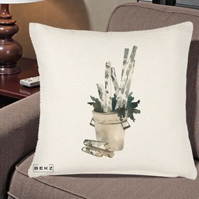 Perna Decorativa Butuci de Mesteacan Watercolor, 40x40 cm, Crem Reliefat, Husa Detasabila, Perna Inclusa, BEKZ®