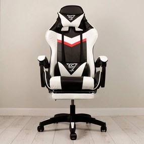 JAKS PREMIUM SCAUN GAMING REGLABIL ECO - PIELE NEGRU-ALB + PERNĂ DE MASAJ