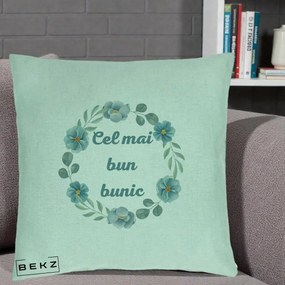 Cadou pentru Bunic - Perna Personalizata Cel Mai Bun Bunic Coronita Flori Albastre Teal, 40x40 cm, Verde Menta, Husa Detasabila, Perna Inclusa, BEKZ®