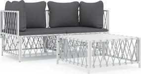 vidaXL Set mobilier de grădină, 3 piese, cu perne, alb, oțel