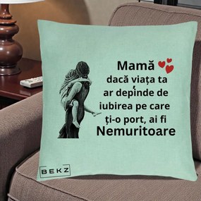 Cadou pentru Mama - Perna Personalizata Mama Nemuritoare Gravura Vintage, 40x40 cm, Verde Menta, Husa Detasabila, Perna Inclusa, BEKZ®