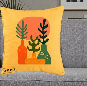 Perna Decorativa Vaze Botanice Abstract, 40x40 cm, Galben, Husa Detasabila, Perna Inclusa, BEKZ®